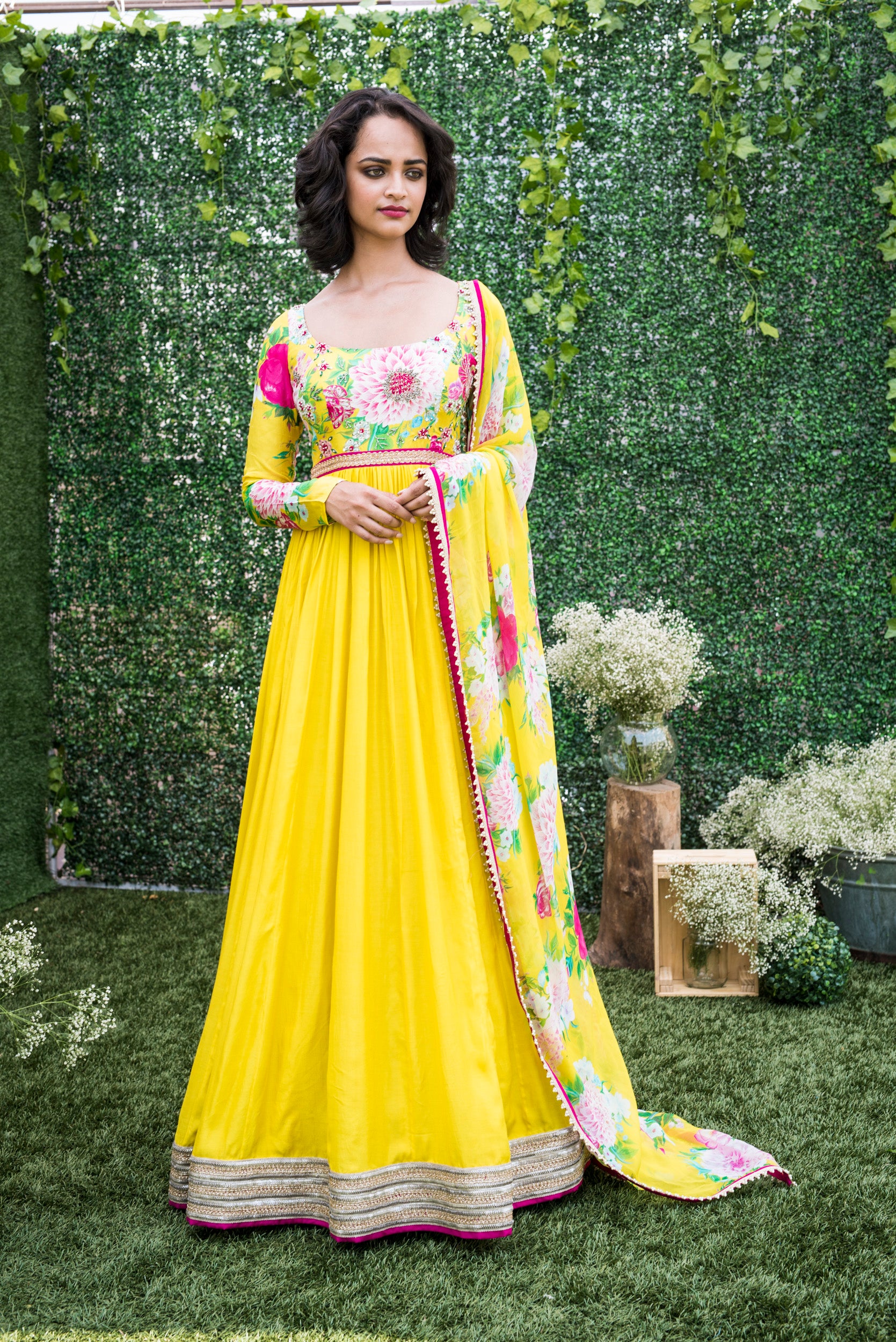 Mrunalini Rao Yellow Floral Anarkali ...